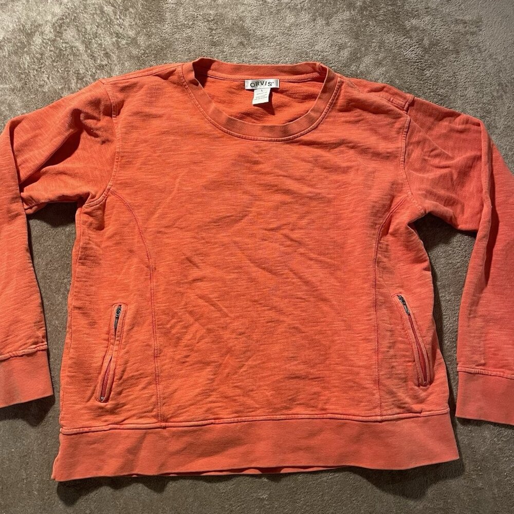 Orvis Shirt Women's Size L Orange Zip Pockets Boxy Pullover Sweatshirt Long Slv